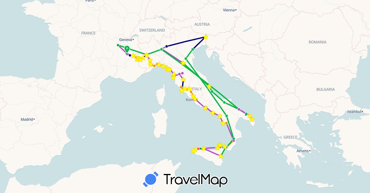 TravelMap itinerary: driving, bus, cycling, train, hiking, boat, hitchhiking in France, Italy, Slovenia (Europe)